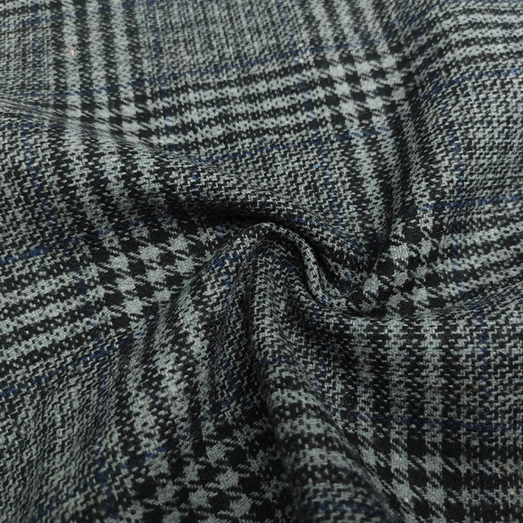30%Wool 70%Oth Flannel Checks Fabric in Black-Gray